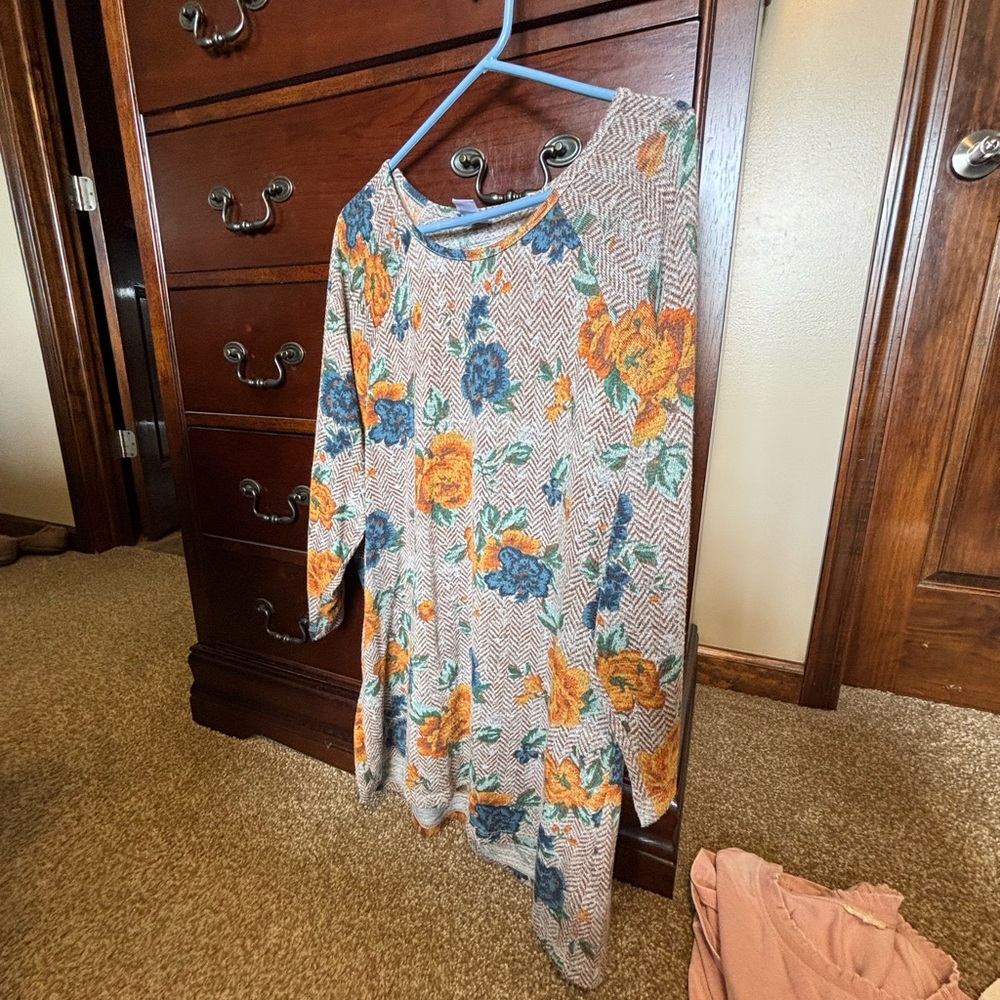 Floral Herringbone Knit Tunic - Blue & Mustard Flowers